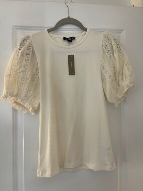 J. Crew Cream Puff-Sleeve Ribbed Lace Tee
